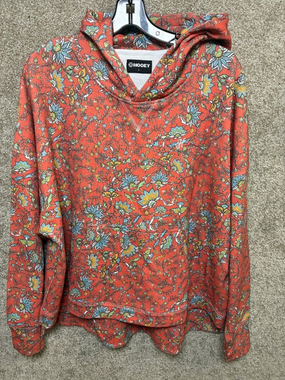 Hooey Floral Hoodie Size L Coral Western Boho Pullover Kangaroo Pouch Sweatshirt